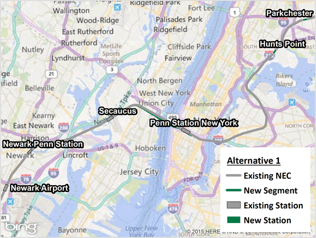 Figure 4-12 : Alternative 1 (Existing NEC and New Segment through New York City Metropolitan Area)