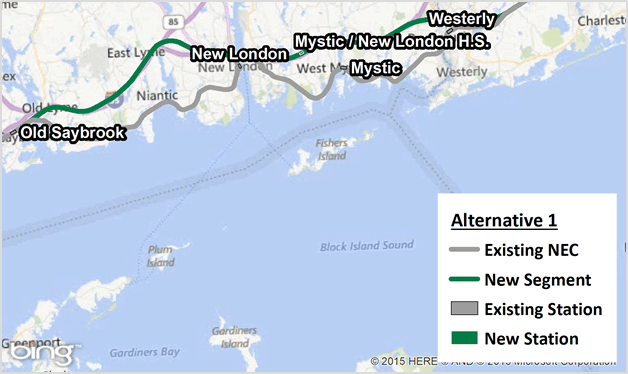 Figure 4-13 : Alternative 1 (Existing NEC and New Segment near Old Saybrook, CT and Kenyon, RI)