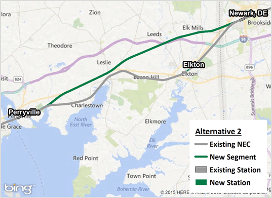 Figure 4-14 : Alternative 2 (Existing NEC and New Segment through Maryland and Delaware)