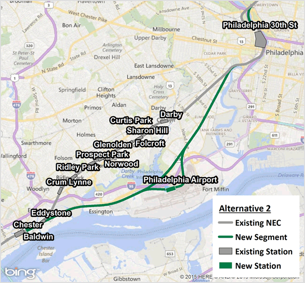 Figure 4-15: Alternative 2 (Existing NEC and New Segment through Philadelphia)