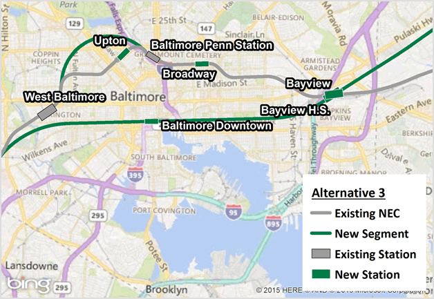 Figure 4-17 : Alternative 3 (Existing NEC and New Segments through Baltimore)