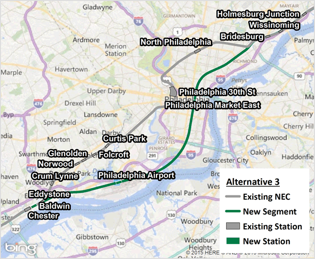 Figure 4-18 : Alternative 3 (Existing NEC and New Segments through Philadelphia)