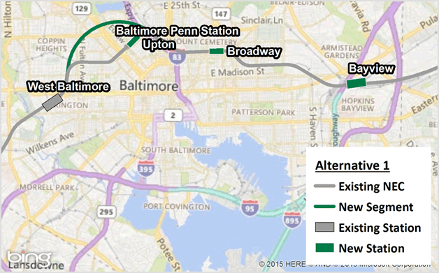 Figure 4-11 : Alternative 1 (Existing NEC and New Segment through Baltimore)